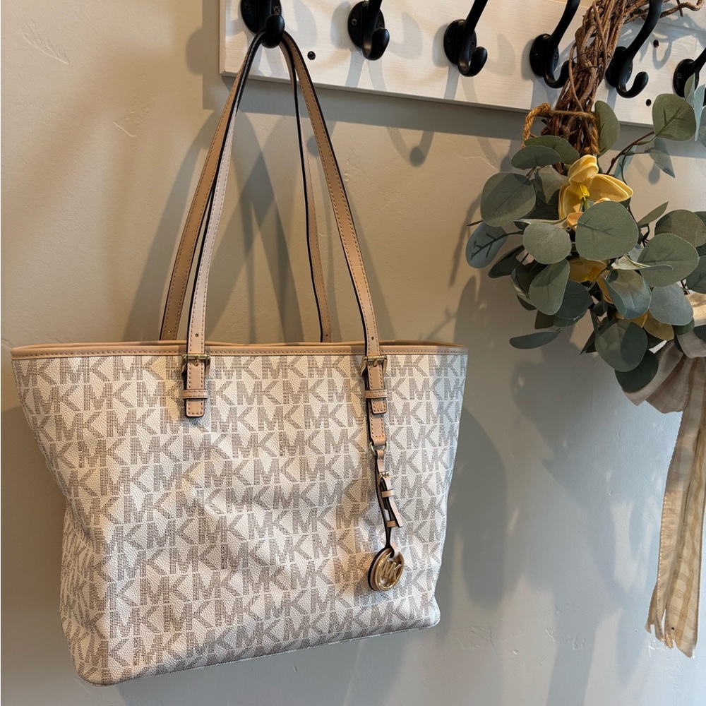 Michael Kors Cream and Tan MK Logo Tote